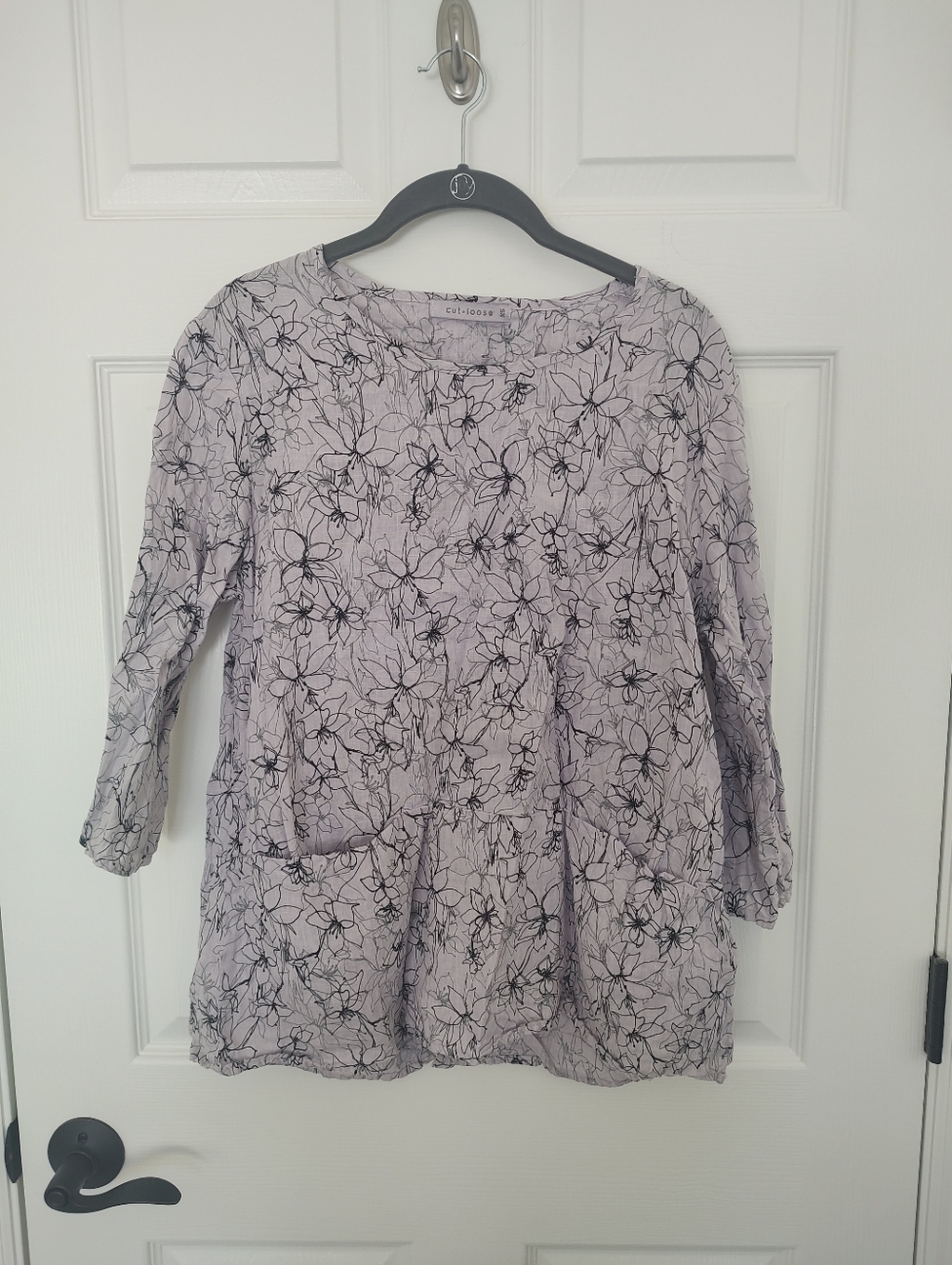 Cut Loose Lavender With Black Swirl Linen Tunic Top Front Pockets Lagenlook XS